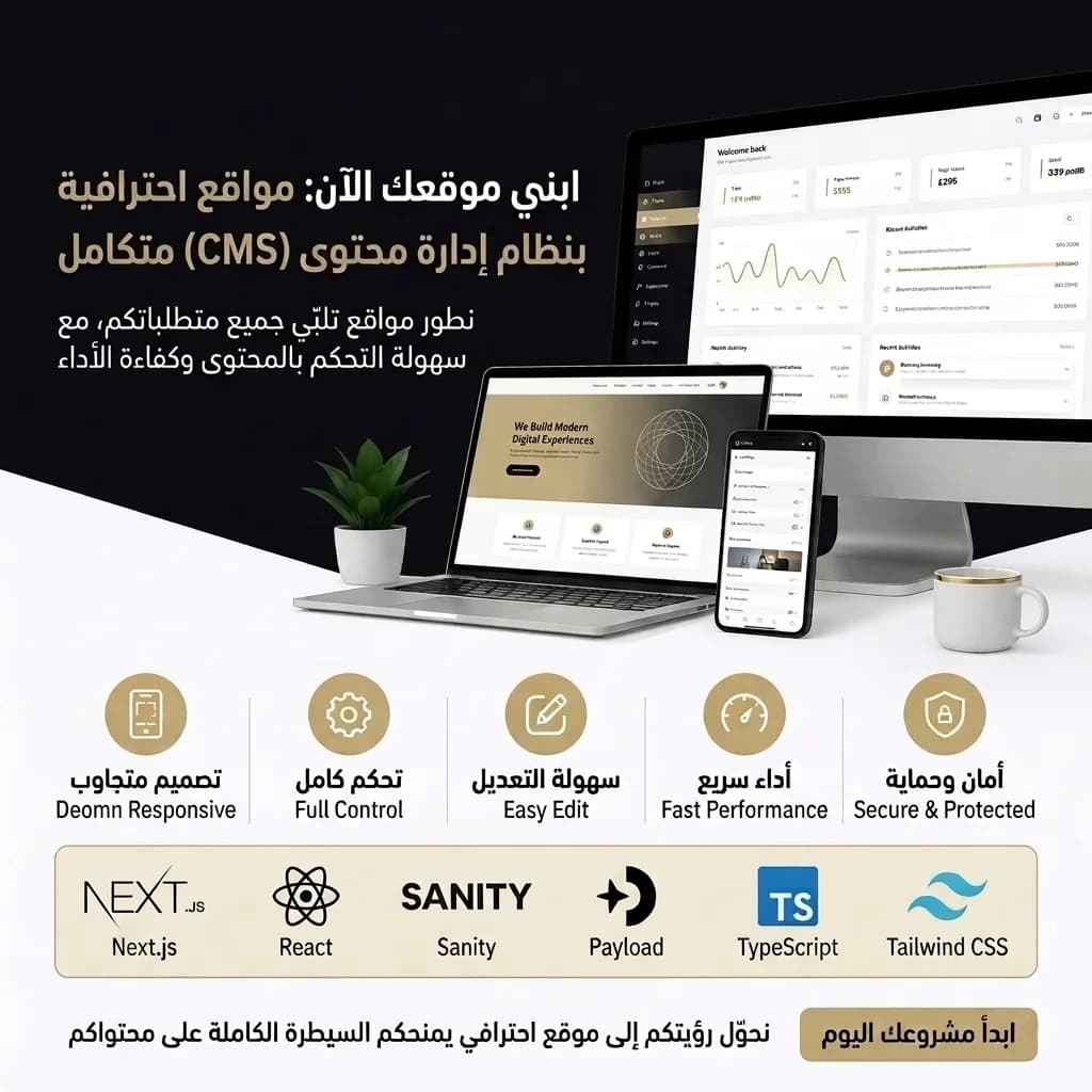 CMS website service preview with Arabic badge and modern dashboard