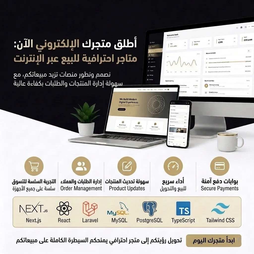 E-commerce website service preview with Arabic badge and shopping dashboard