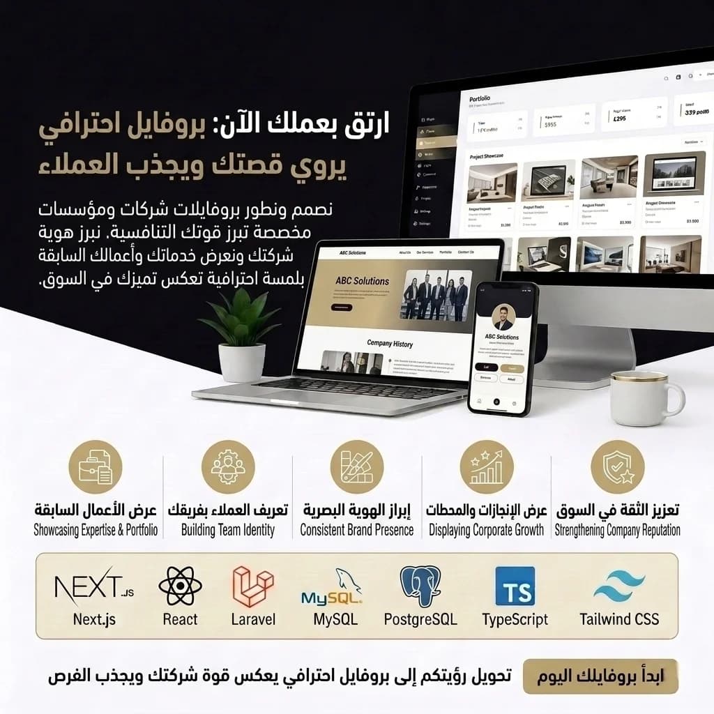 Company profile website service preview with Arabic badge and corporate portfolio